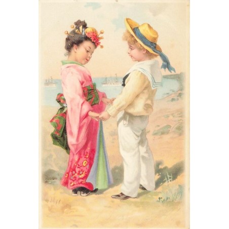 n°27386 - Fantaisie - Un garçon et une jeune fille en kimono sur une plage