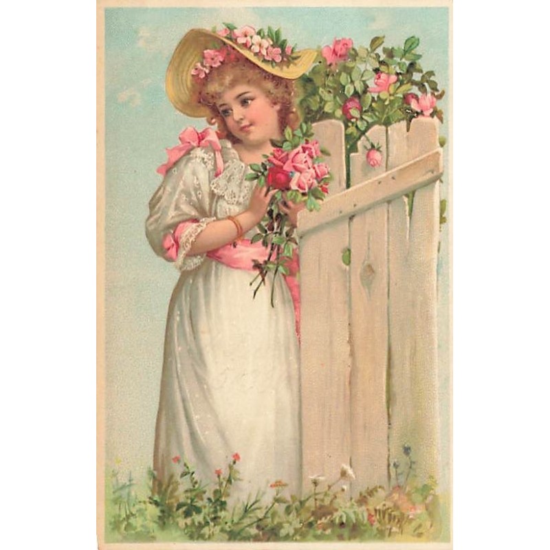 n°27388 - Fantaisie - Jeune fille tenant un bouquet de roses