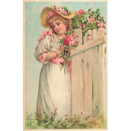 n°27388 - Fantaisie - Jeune fille tenant un bouquet de roses