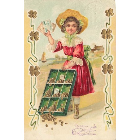 n°27392 - Carte Gaufrée - Anniversaire - Jeune fille avec des billets