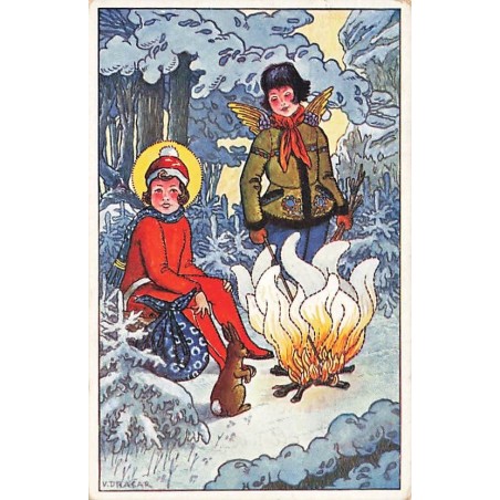n°27397 - Fantaisie - V. Drasar - Femme et Ange autour d'un feu de bois