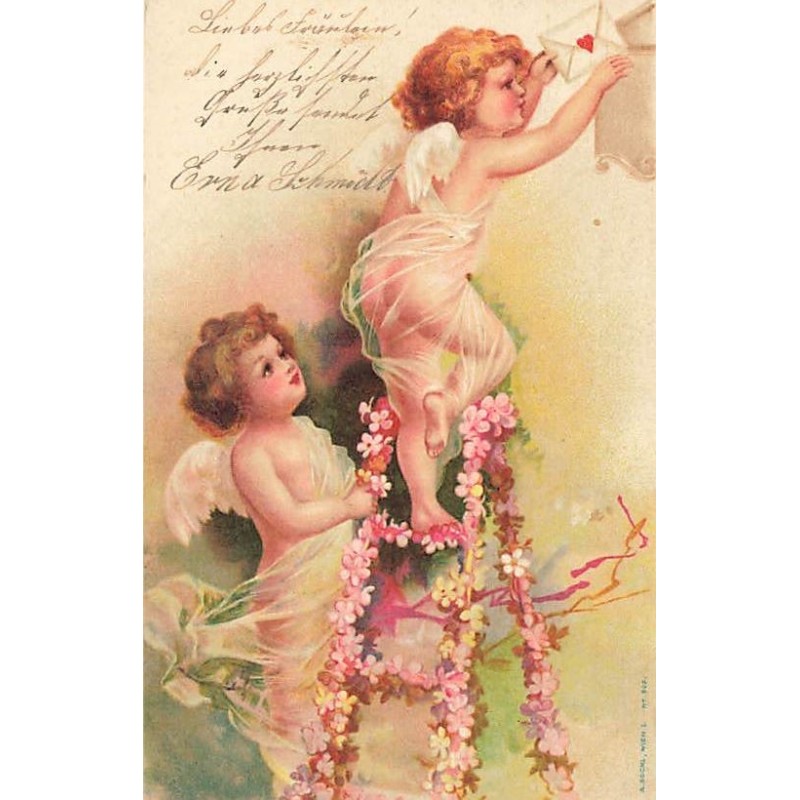 n°27398 - Clapsaddle - Deux anges, l'un postant une lettre, l'autre tenant l'échelle en fleurs
