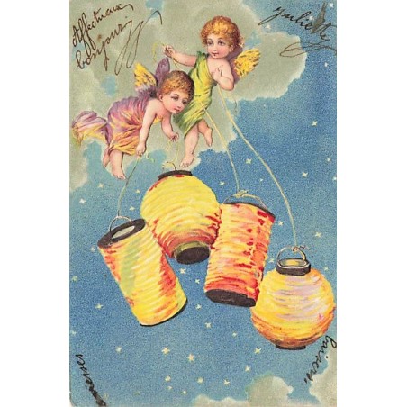 n°27400 - Carte Gaufrée - Serie 3635 - Deux angelot s portant des lampions