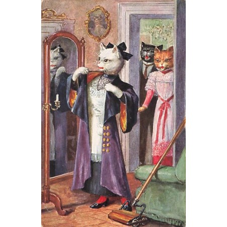n°27401 - Fantaisie - Animaux habillés, humanisés - Chat en tenue de bonne, essayant un manteau - Style Arthur Thiele
