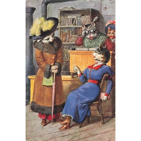 n°27402 - Fantaisie - Animaux habillés, humanisés - Chats dans un bureau - Style Arthur Thiele