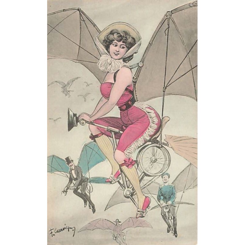 n°27403 - Illustrateur F. Gareis - Jeune femme en tenue légère sur un vélo avec des ailes, suivie par des hommes