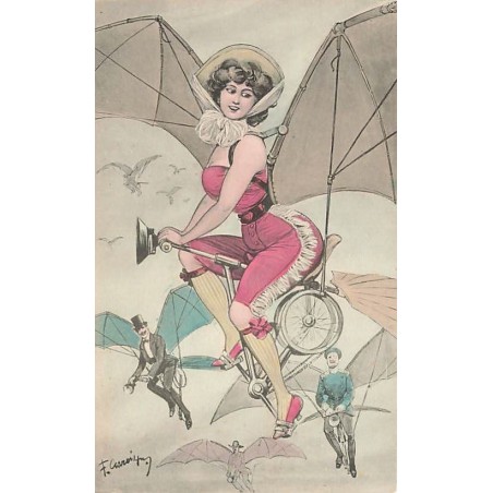 n°27403 - Illustrateur F. Gareis - Jeune femme en tenue légère sur un vélo avec des ailes, suivie par des hommes