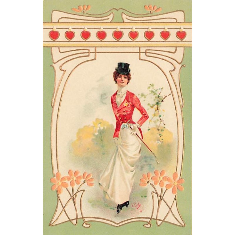 n°27409 - Carte Gaufrée - Décor Art Nouveau - Jeune femme en tenue de cavalière