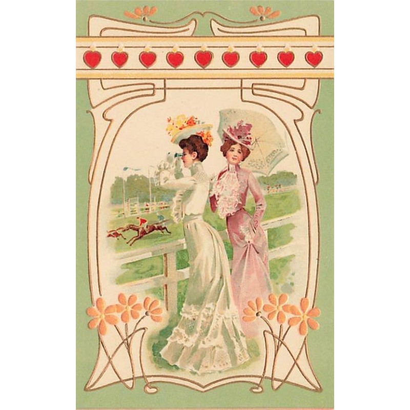 n°27410 - Carte Gaufrée - Décor Art Nouveau - Deux jeunes femmes regardant une course hippique
