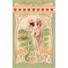 n°27410 - Carte Gaufrée - Décor Art Nouveau - Deux jeunes femmes regardant une course hippique