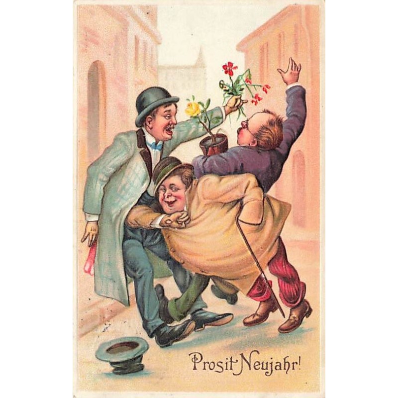 n°27412 - Carte Gaufrée - 11138 - Prosit Neujahr - Hommes ivres dans une rue
