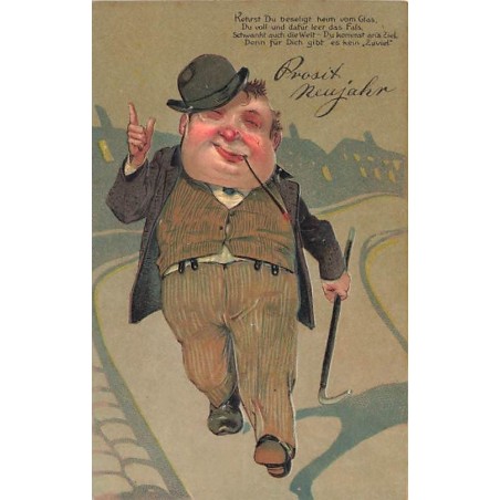 n°27413 - Carte Gaufrée - 6895 - Prosit Neujahr - Homme marchant dans une rue