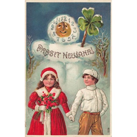 n°27414 - Carte Gaufrée - Prosit Neujahr - Pendule humanisée au-dessus d'un jeune couple