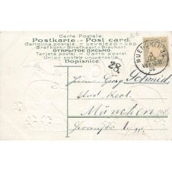 n°27415 - Carte Gaufrée - Surréalisme - Prosit Neujahr 1906 - Champignons humanisés, l'un tenant une palette de peinture