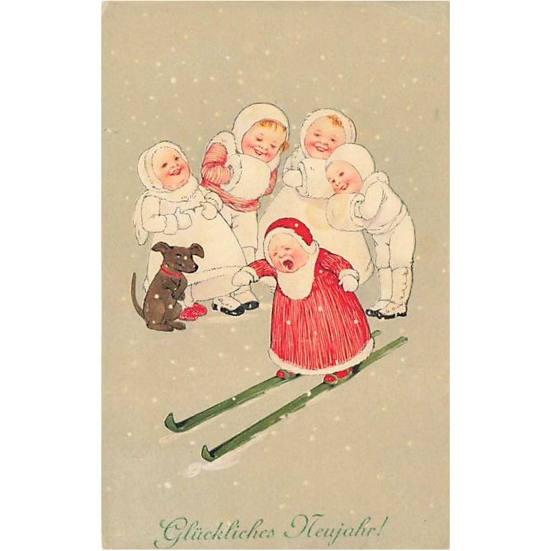 n°27418 - Nouvel An - MM Vienne 547 - Enfants avec un teckel se moquant d'une petite-fille sur des skis