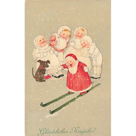 n°27418 - Nouvel An - MM Vienne 547 - Enfants avec un teckel se moquant d'une petite-fille sur des skis