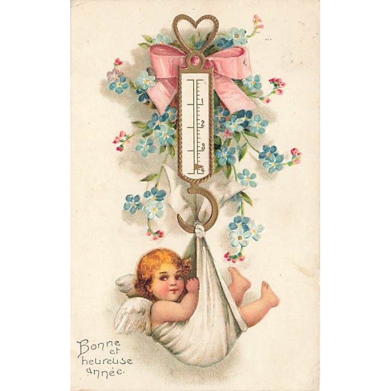 n°27419 - Carte Gaufrée - Bonne et Heureuse Année - Ange dans un drap, suspendu sous un crochet de balance