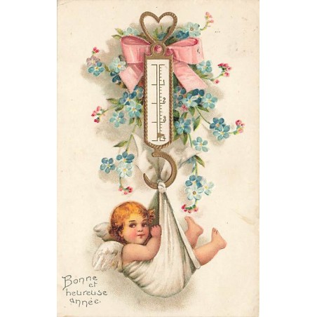 n°27419 - Carte Gaufrée - Bonne et Heureuse Année - Ange dans un drap, suspendu sous un crochet de balance