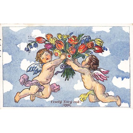 n°27423 - Nouvel An - MFK - Vesely Novy rok - Deux anges portant un bouquet de fleurs
