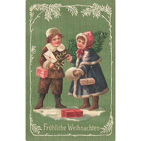n°27424 - Carte Gaufrée - Noël - Fröhliche Weihnachten - Deux jeunes gens apportant cadeaux et un sapin