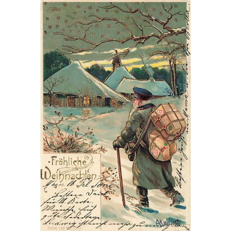 n°27425 - Carte Gaufrée - Mailick - Fröhliche Weihnachten - Homme portant des paquets, marchant vers une maison