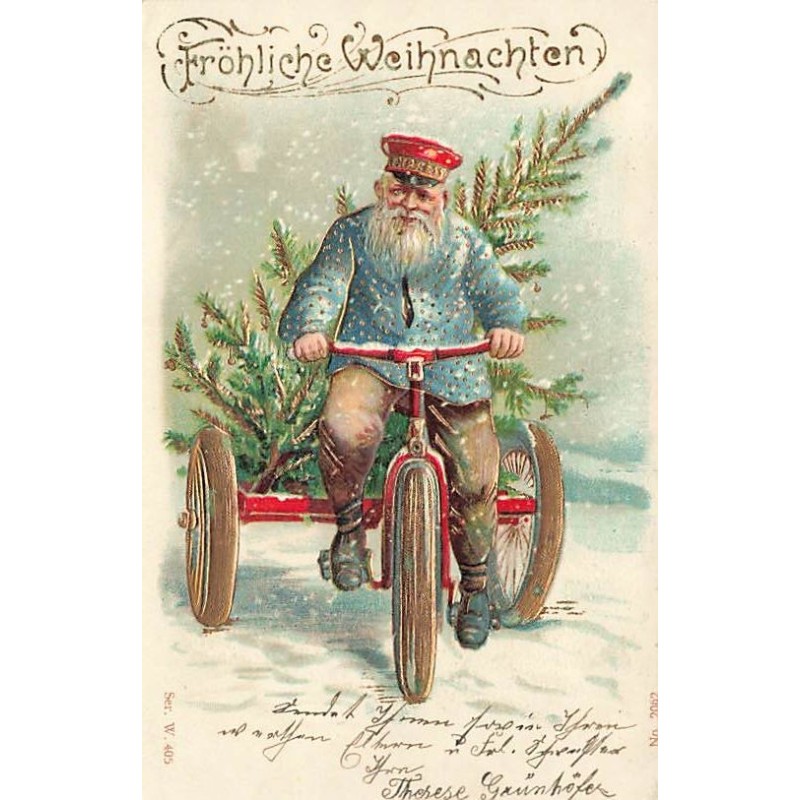 n°27426 - Carte Gaufrée - Noël - Fröhliche Weihnachten - Homme apportant un sapin à l'aide d'un tricycle