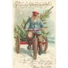 n°27426 - Carte Gaufrée - Noël - Fröhliche Weihnachten - Homme apportant un sapin à l'aide d'un tricycle