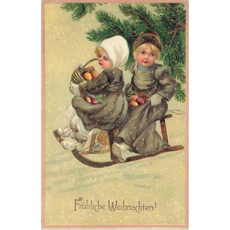 n°27429 - Carte Gaufrée - Noël - Fröhliche Weihnachten - Deux fillettes sur une luge