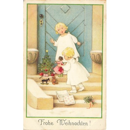 n°27432 - Baumgarten - Fröhe Weihnachten - Anges déposant sur un perron une poupée et un ours en peluche - Teddy Bear