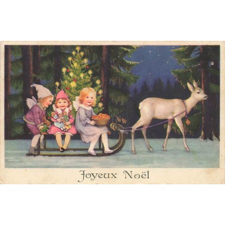 n°27433 - Flatscher - Joyeux Noël - Anges sur une luge tirée par un faon, apportant sapin et cadeaux