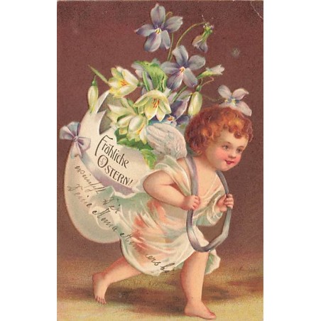 n°27437 - Carte Gaufrée - Clapsaddle - Fröhliche Ostern - Ange portant un oeuf rempli de fleurs