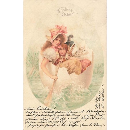 n°27441 - Pâques - Serie 551 - Fröhliche Ostern - Deux jeunes filles et un lièvre dans un oeuf sur l'eau