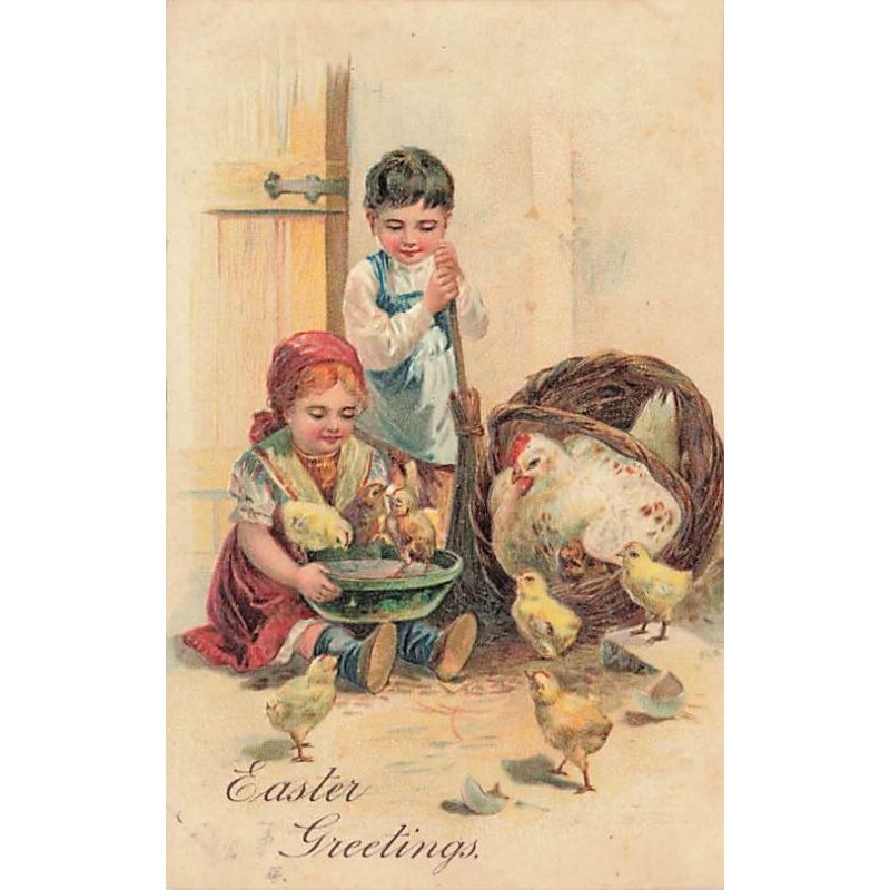 n°27444 - Carte Gaufrée - n°7500 - Easter Greetings - Enfants s'occupant de poussins
