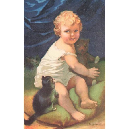 n°27450 - Fantaisie - Chaton regardant un bébé tenant un ours en peluche - Teddy Bear - chat