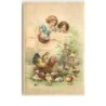n°13076 - Carte Gaufrée - Enfants regardant une poule couvant des oeufs