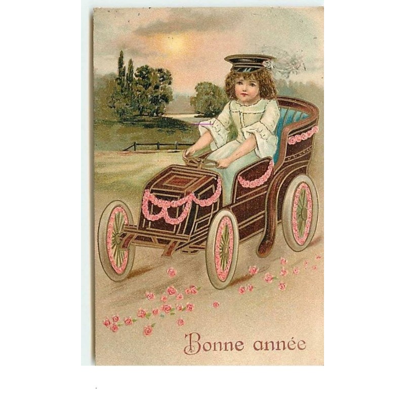n°13081 - Carte Gaufrée - Bonne Année - Fillette conduisant une voiture