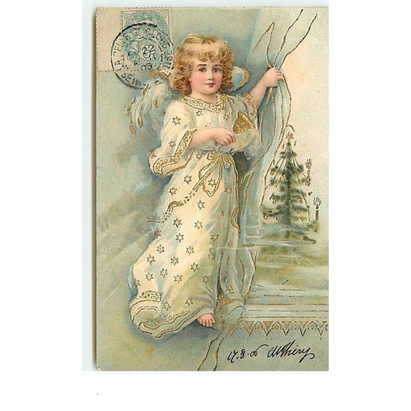 n°13086 - Carte Gaufrée - Ange montrant un sapin
