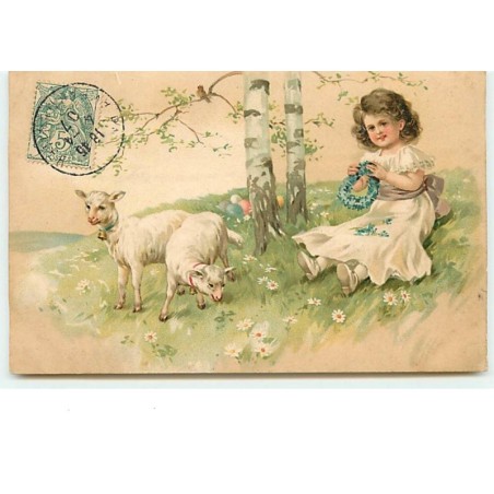 n°13088 - Fillette près de moutons