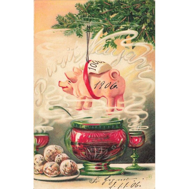 n°27460 - Prosit Neujahr - Cochon au-dessus d'une soupière remplie de vin chaud