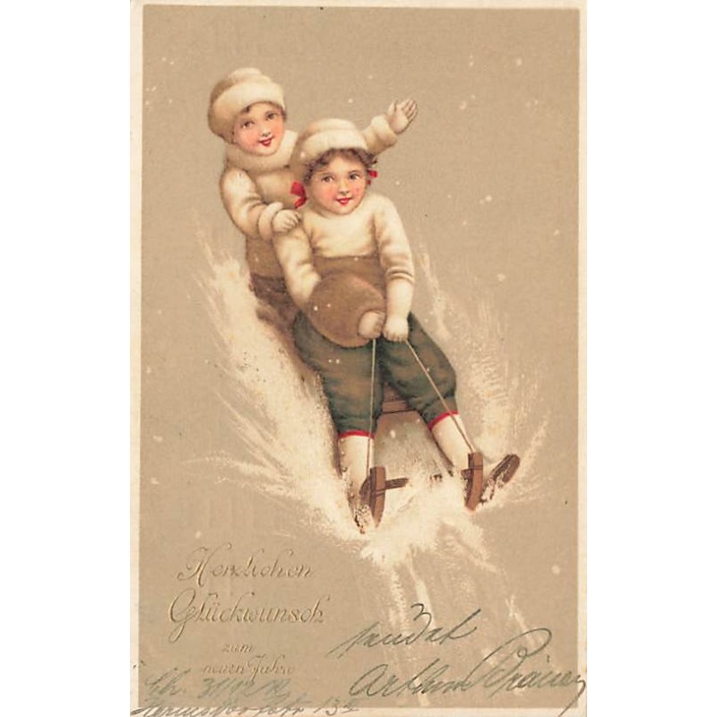 n°27462 - Nouvel An - Herzlichen Glückwunsch zum neuen Jahre - Enfants sur une luge
