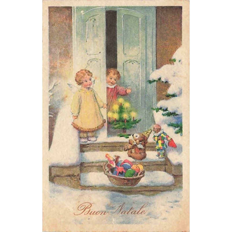 n°27466 - Noël - Buon Natale - Enfant découvrant les cadeaux sur un perron déposé par un ange - Teddy Bear