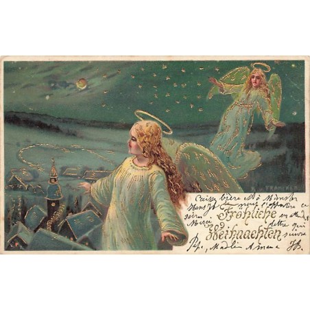 n°27467 - Carte Gaufrée - Francker - Fröhliche Weihnachten - Anges gardiens dans un ciel étoilée