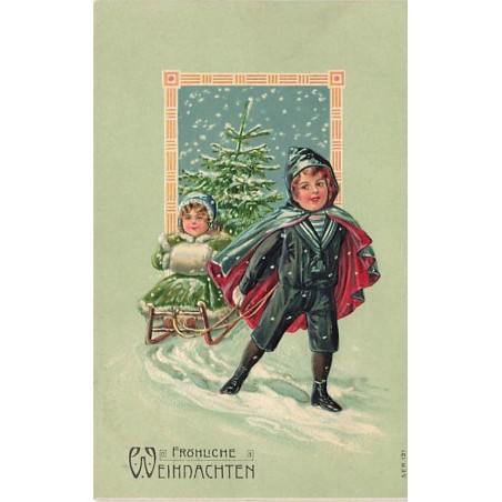 n°27469 - Carte Gaufrée - 131 - Fröhliche Weihnachten - Garçon tirant une fillette assise sur une luge