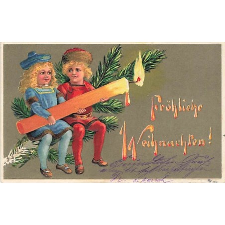 n°27470 - Carte Gaufrée - 177 - Fröhliche Weihnachten - Enfants assis sur une branche de sapin tenant une bougie