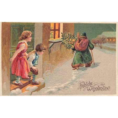 n°27471 - Carte Gaufrée - 6223 - Fröhliche Weihnachten - Enfants regardant le Père Noël partir