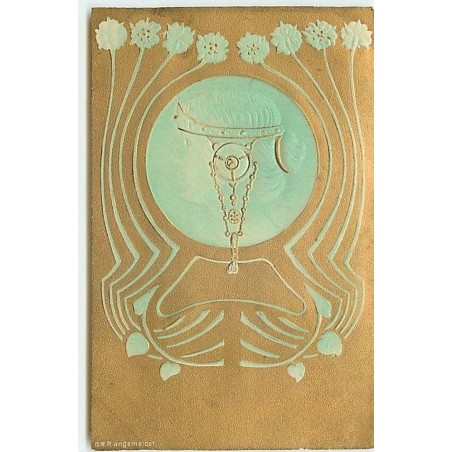 n°10319 - Carte Illustrateur Gaufrée - Art Nouveau - Femme dans un médaillon - Fonf doré/femme verte