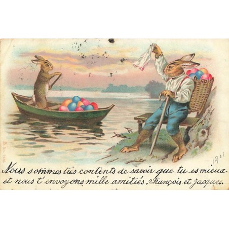 n°27480 - Pâques - Lièvres humanisés portant des oeufs, l'un dans une barque, l'autre dans une hotte