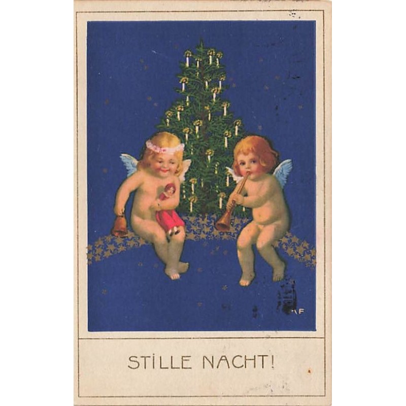 n°27483 - Flatscher - Stille Nacht - Anges près d'un sapin, l'un jouant du pipeau, l'autre tenant une poupée