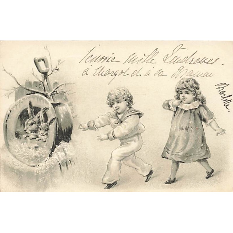 n°27484 - Carte Gaufrée - Fantaisie - Enfants cherchant des lièvres