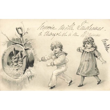 n°27484 - Carte Gaufrée - Fantaisie - Enfants cherchant des lièvres